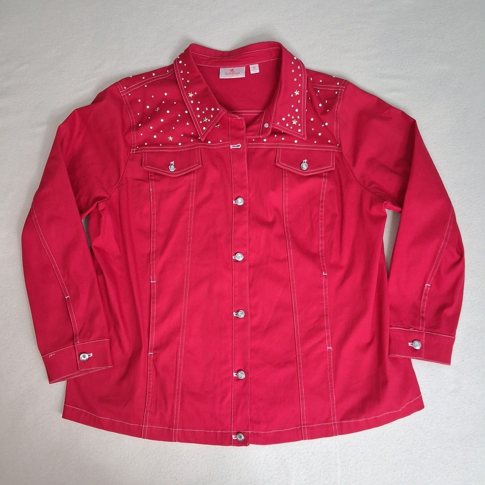 Quacker Factory Red Embellished Star Studded Button Front Shirt Jacket XL